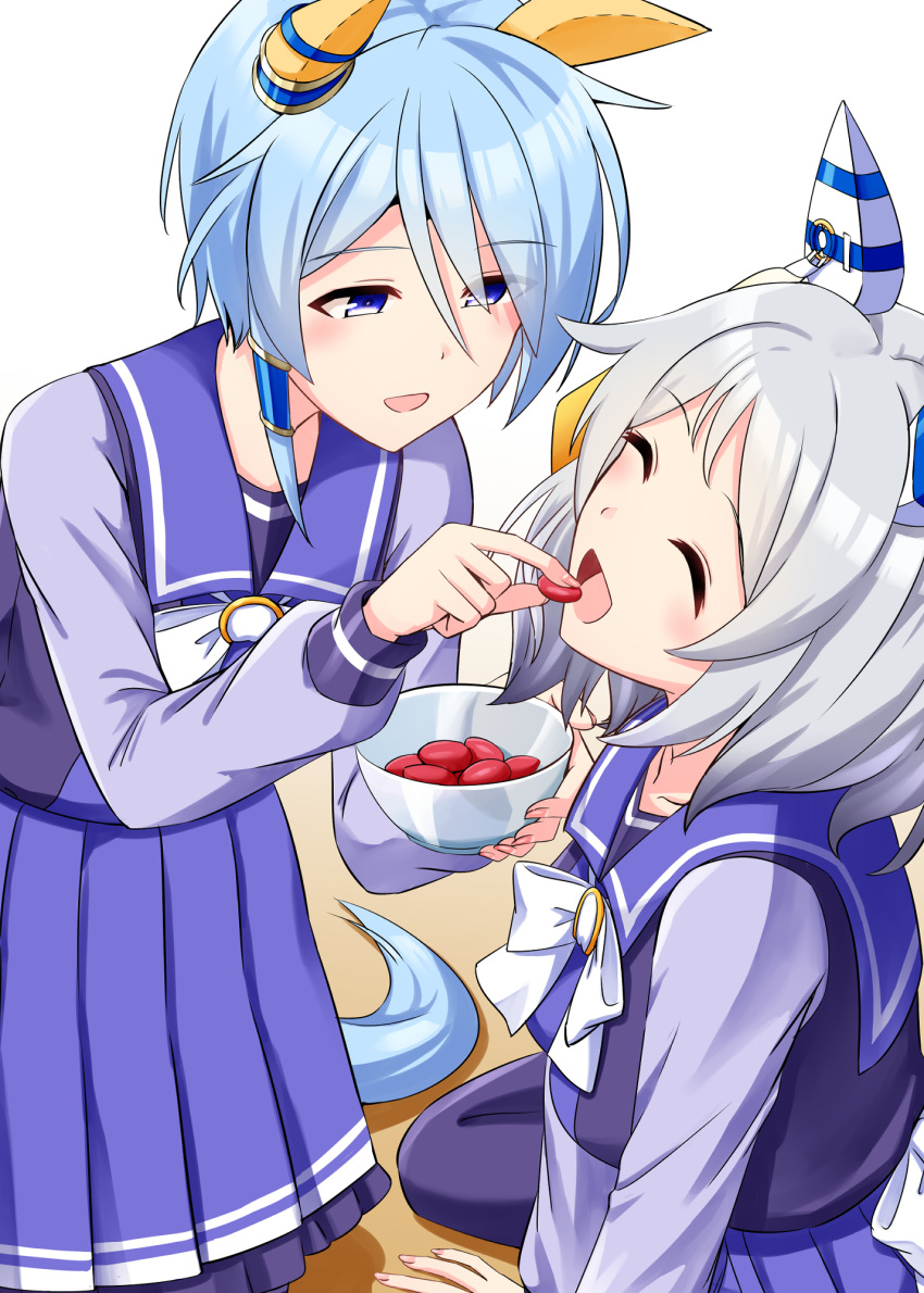 2girls animal_ears blue_eyes blue_hair blush bowl breasts closed_eyes collarbone commentary_request feeding food grey_hair highres hishi_miracle_(umamusume) horse_ears horse_girl horse_tail k.s.miracle_(umamusume) kamelie medium_breasts medium_hair multiple_girls open_mouth school_uniform short_hair simple_background tail tracen_school_uniform umamusume white_background