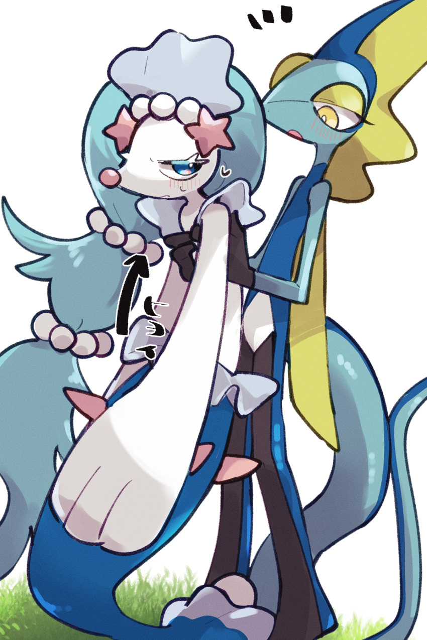 2024 2:3 anthro black_body blue_arms blue_body blue_eyes blue_tail blush duo emanata generation_7_pokemon generation_8_pokemon grass hi_res holding_character inteleon nintendo open_mouth pink_nose plant pokemon pokemon_(species) primarina simple_background sstoh standing tail white_arms white_background white_fingers yellow_eyes