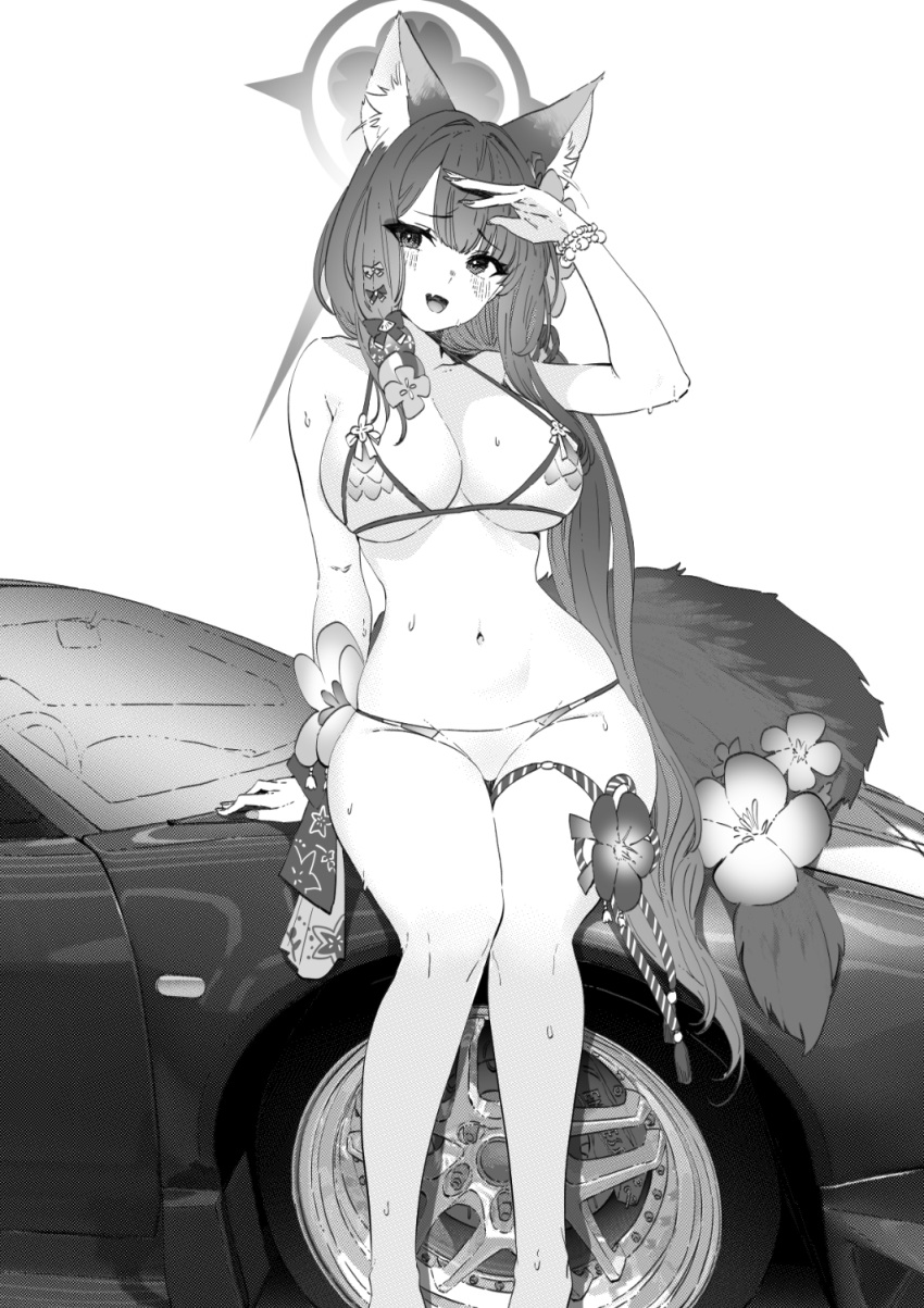 1girl animal_ear_fluff animal_ears arm_support arm_up bead_bracelet beads bikini blue_archive blush bracelet breasts car cleavage commentary fang flower fox_ears fox_girl fox_tail greyscale halo highres jewelry jun_project large_breasts long_hair looking_at_viewer monochrome motor_vehicle navel official_alternate_costume on_vehicle open_mouth simple_background sitting skin_fang smile solo stomach sweat swimsuit tail tail_flower tail_ornament tire vehicle_request wakamo_(blue_archive) wakamo_(swimsuit)_(blue_archive) white_background