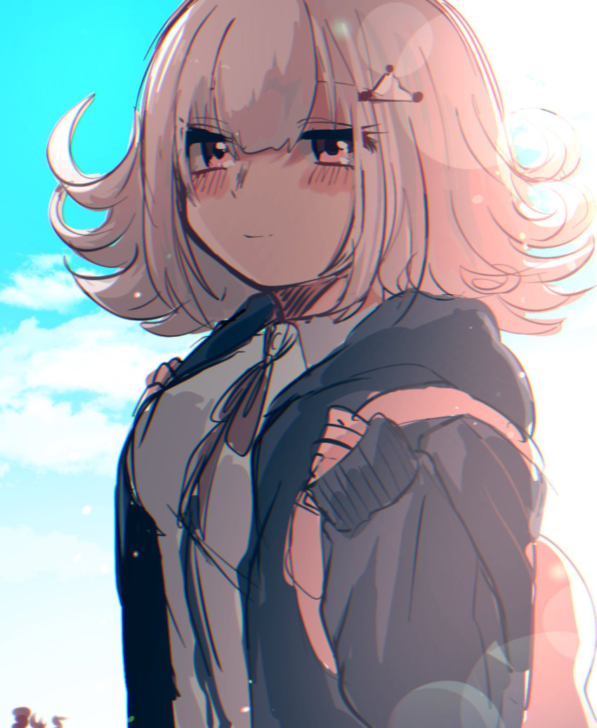 1girl 345_myk backpack bag blush breasts collared_shirt danganronpa_(series) danganronpa_2:_goodbye_despair day flipped_hair green_sky hands_up highres hood hood_down jacket looking_at_viewer medium_breasts medium_hair nanami_chiaki neck_ribbon open_clothes open_jacket outdoors pink_bag pink_ribbon ribbon shirt triangle_hair_ornament upper_body