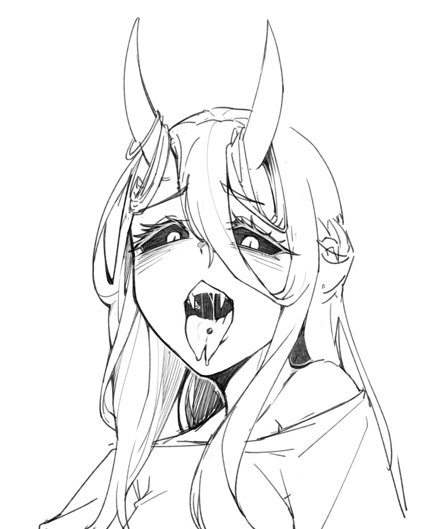 1girl colored_sclera demon_horns fangs forked_tongue greyscale hair_between_eyes highres horns long_hair looking_at_viewer monochrome original piercing portrait sake_goroke saliva shirt single_bare_shoulder slit_pupils solo tongue tongue_out tongue_piercing