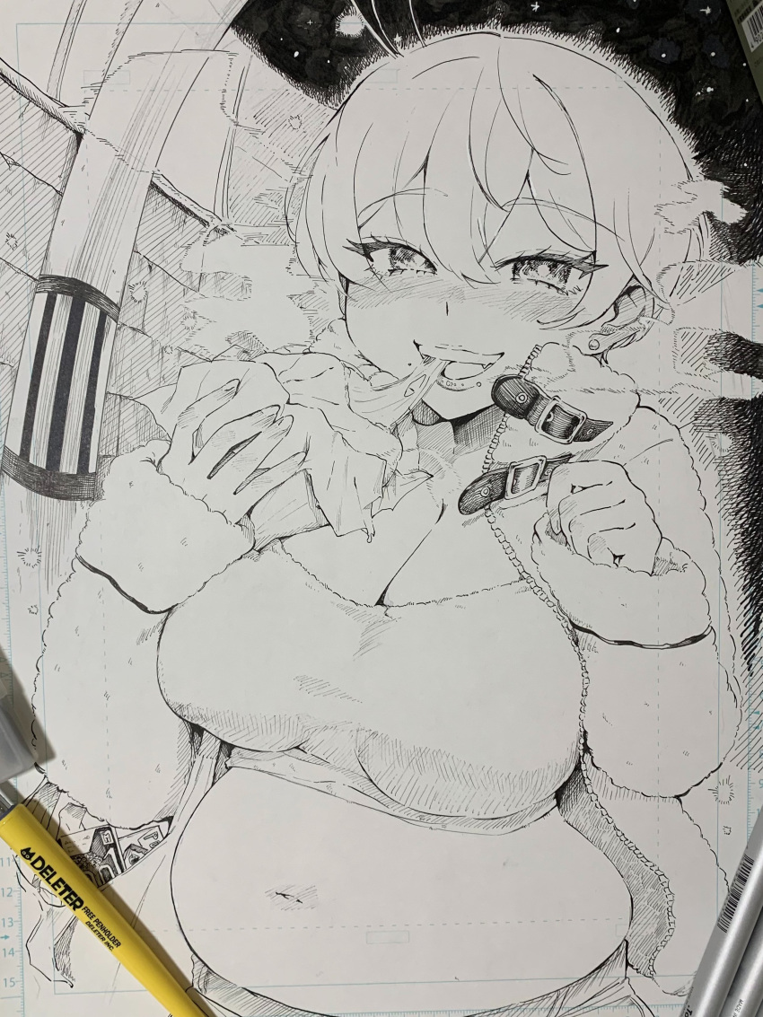 1girl absurdres art_tools_in_frame belly breasts cleavage cropped_shirt eating food greyscale hair_between_eyes highres holding holding_food ink_(medium) large_breasts monochrome navel original pen photo_(medium) short_hair sleeves_past_wrists smile solo terano_haruma traditional_media upper_body walking