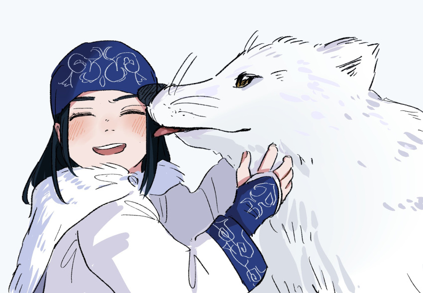 1girl ^_^ affectionate ainu ainu_clothes animal asirpa black_hair blue_headband cloak closed_eyes commentary_request fur_cloak golden_kamuy headband highres long_hair okura_0426 open_mouth profile retar simple_background upper_body white_background white_cloak wolf