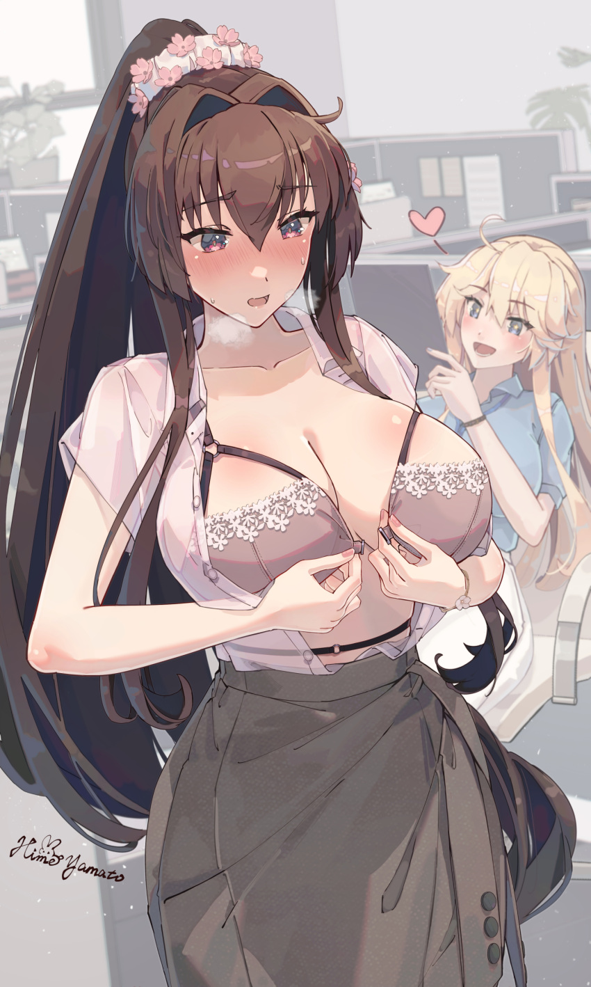 2girls absurdres blonde_hair blue_eyes blue_shirt blush bra breasts brown_bra brown_eyes brown_hair buttons cleavage collared_shirt grey_skirt hair_between_eyes heart highres himeyamato iowa_(kancolle) kantai_collection large_breasts long_hair multiple_girls office office_lady open_clothes open_mouth open_shirt ponytail shirt short_sleeves skirt smile underwear white_shirt yamato_(kancolle)