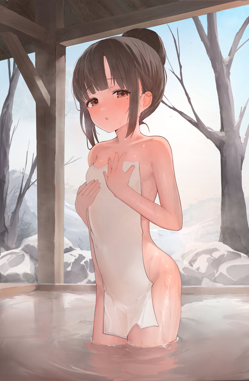 1girl absurdres akadashi1210 bare_tree breasts brown_eyes brown_hair hair_bun highres looking_at_viewer mole mole_under_eye naked_towel onsen original outdoors parted_lips small_breasts solo steam towel tree wading water wet