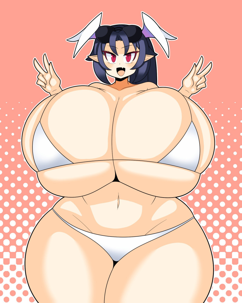 4:5 big_breasts bikini breasts bulging_breasts clothing curvy_figure demon demon_humanoid disgaea disgaea_6 dotted_background double_v_sign duskyer female gesture hand_gesture head_wings hi_res huge_breasts humanoid humanoid_pointy_ears hyper hyper_breasts lip_fang looking_at_viewer melodia_(disgaea_6) micro_bikini nippon_ichi_software not_furry pattern_background pink_background pupils red_eyes simple_background skin_fang skindentation slit_pupils smile solo swimwear thick_thighs v_sign voluptuous white_bikini white_clothing white_swimwear wide_hips wings