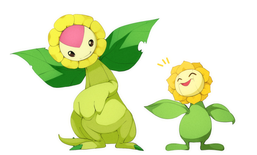 claws closed_eyes crossover digimon digimon_(creature) fang flower highres leaf looking_at_another loyaldis no_humans open_mouth petals pokemon pokemon_(creature) simple_background smile sunflora sunflower sunflowmon tail white_background wings