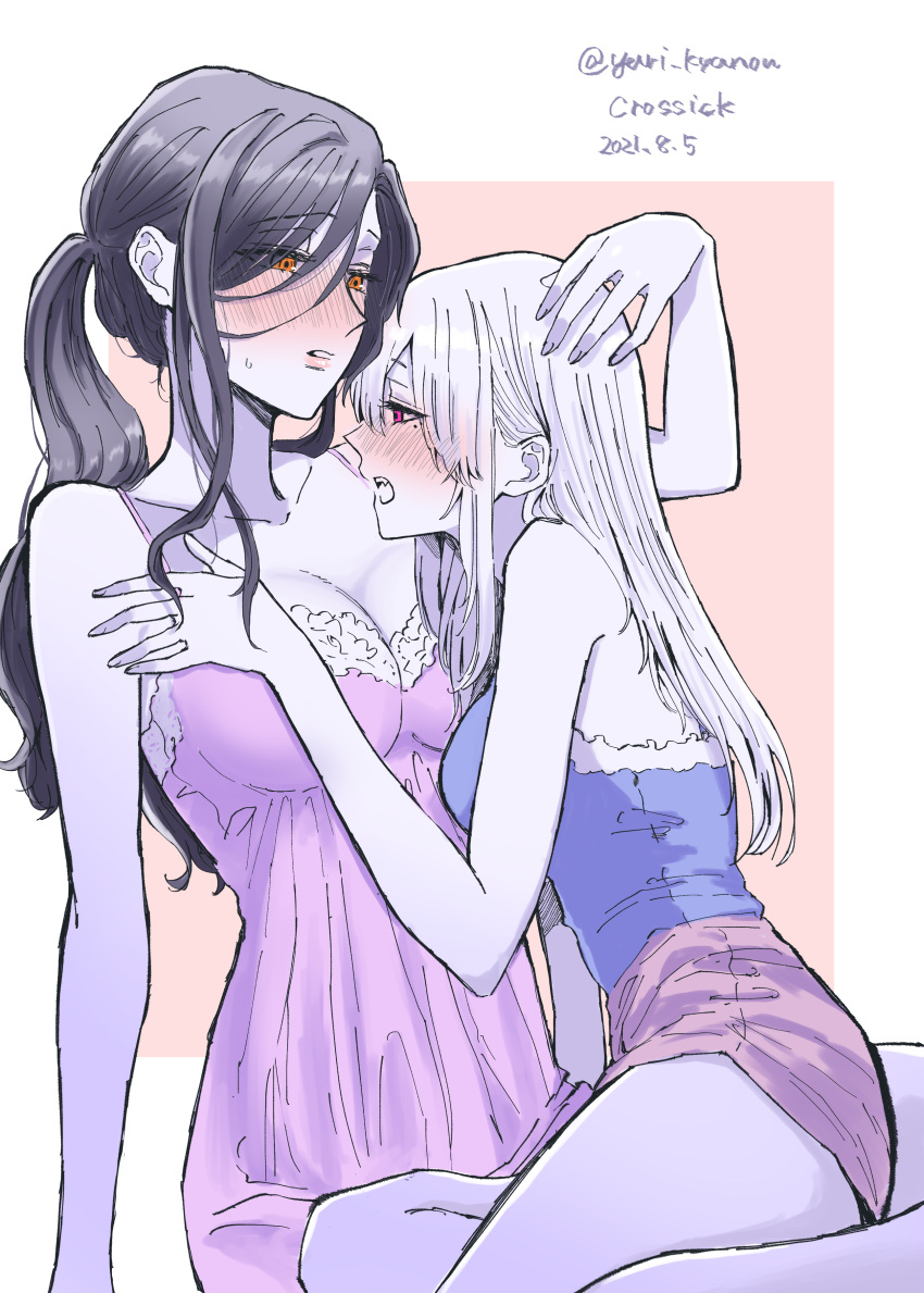 2girls absurdres babydoll bare_arms biting black_hair blue_camisole blush breasts camisole cleavage dated eyes_visible_through_hair fangs hand_on_another's_chest highres large_breasts lingerie long_hair multiple_girls nijisanji orange_eyes parted_lips pink_background purple_babydoll purple_camisole purple_shorts red_eyes shirayuki_tomoe shorts sitting sitting_on_lap sitting_on_person sukoya_kana sweatdrop tank_top twitter_username two-tone_background underwear virtual_youtuber white_background white_hair yuri yuri_kyanon
