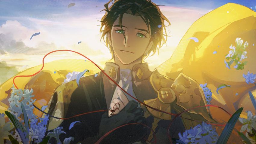1boy armor black_gloves blue_flower brown_hair cape claude_von_riegan closed_mouth cloud earrings falling_petals fire_emblem fire_emblem:_three_houses flower gloves green_eyes highres jewelry kkia looking_at_viewer male_focus petals short_hair sky smile solo string string_of_fate upper_body yellow_cape