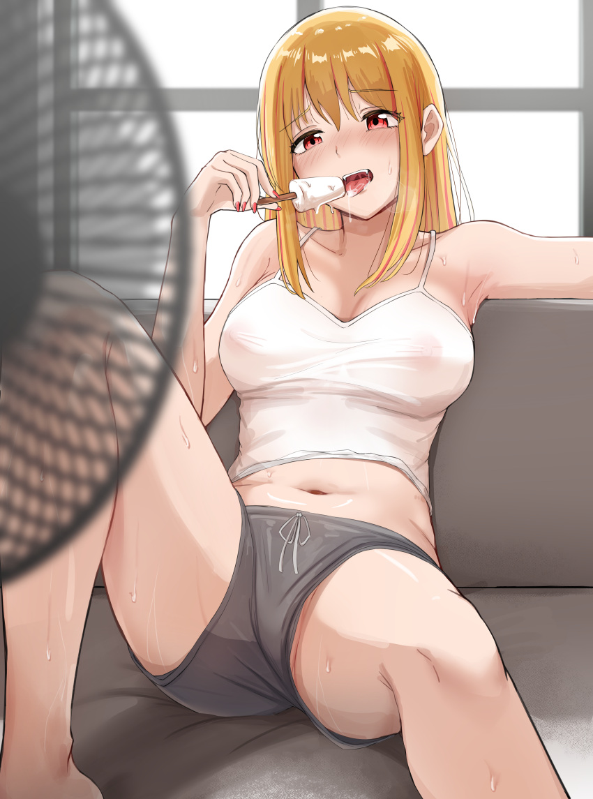 1girl absurdres backlighting bare_legs blonde_hair breasts camisole couch covered_nipples electric_fan english_commentary fingernails food head_tilt highres holding holding_food holding_popsicle hot ice_cream indoors large_breasts leaning_back midriff navel on_couch open_mouth original outstretched_arm popsicle red_eyes red_nails see-through see-through_shirt short_shorts shorts sitting sleeveless solo supertim sweat tongue tongue_out white_camisole window