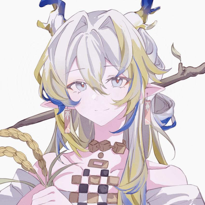 1girl arknights bare_shoulders blonde_hair blue_hair blue_horns chinese_commentary close-up closed_mouth collarbone commentary_request dragon_girl dragon_horns earrings eyes_visible_through_hair grey_eyes hair_between_eyes hair_intakes haoweizhi10418 highres holding holding_plant horns jewelry long_hair looking_at_viewer multicolored_hair necklace off_shoulder orange_pupils plant pointy_ears portrait shu_(arknights) simple_background smile solo split_mouth wheat white_background white_hair white_horns yellow_horns