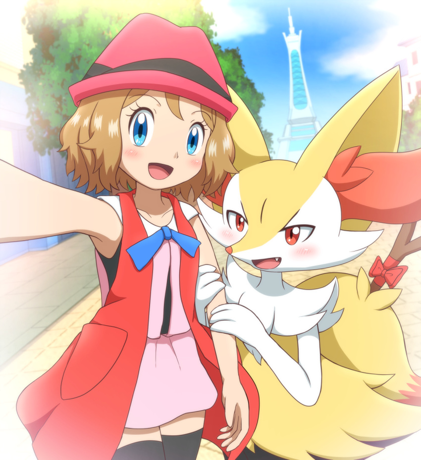 2girls animal_ear_fluff animal_ears animal_nose arm_at_side arm_hug arm_up black_thighhighs blonde_hair blue_eyes blue_sky blush body_fur bow braixen cloud collarbone commentary_request cowboy_shot day dress dutch_angle fang flat_chest fox_ears fox_girl fox_tail furry furry_female hands_up happy hat highres in-universe_location looking_at_viewer lumiose_city multiple_girls neck_fur open_mouth outdoors outstretched_arm partial_commentary pink_dress pokemon pokemon_(anime) pokemon_(creature) pokemon_xy_(anime) porkpie_hat red_bow red_eyes red_headwear remoa_(kuremoa3912) selfie serena_(pokemon) short_dress short_hair sidelocks sky sleeveless sleeveless_dress smile snout standing stick tail thighhighs tree two-tone_fur white_fur yellow_fur zettai_ryouiki