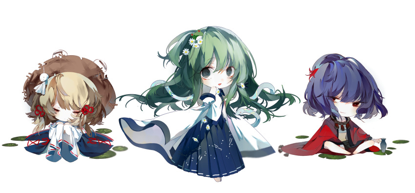 3girls absurdres blonde_hair brown_headwear closed_eyes detached_sleeves flower frog frog_hair_ornament green_eyes green_hair hair_flower hair_ornament hair_tubes hat highres japanese_clothes kochiya_sanae layered_sleeves leaf leaf_hair_ornament lily_pad long_hair long_sleeves maple_leaf miko moriya_suwako multiple_girls open_mouth purple_hair purple_skirt purple_vest red_eyes rope shimenawa short_hair short_over_long_sleeves short_sleeves single_hair_tube sitting skirt skirt_set snake snake_hair_ornament touhou vest white_background wide_sleeves yasaka_kanako zhixie_jiaobu