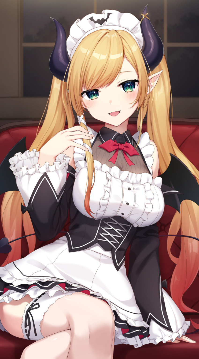 1girl black_sleeves blonde_hair blush breasts crossed_legs demon_girl demon_horns demon_tail demon_wings detached_sleeves green_eyes highres hololive horns large_breasts long_hair maid maid_headdress nishino_eri official_alternate_costume open_mouth pointy_ears shirt sleeveless sleeveless_shirt smile solo tail twintails virtual_youtuber white_headdress white_shirt wings yuzuki_choco yuzuki_choco_(maid)