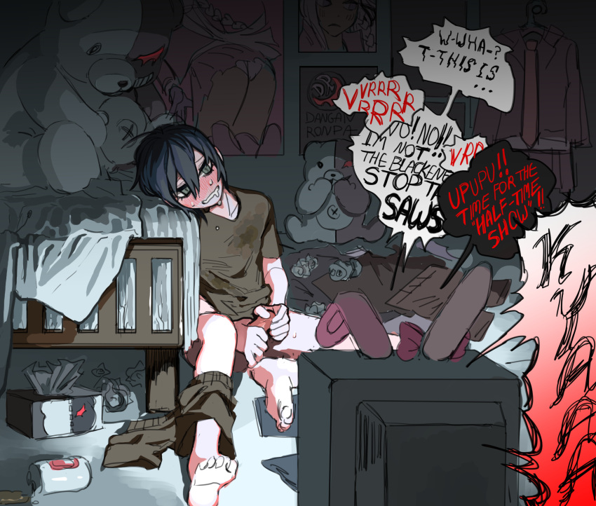 1boy barefoot bed bedroom black_hair blush danganronpa_(series) danganronpa_v3:_killing_harmony dark_background drooling english_commentary english_text green_eyes hair_between_eyes highres kirigiri_kyoko large_teddy_bear male_focus male_masturbation masturbation messy_room monokuma poster_(object) saihara_shuichi short_hair sitting solo speech_bubble stained_clothes stuffed_animal stuffed_toy sweat teddy_bear television tissue_box ubuuugreenie unworn_clothes used_tissue watching_television wavy_mouth