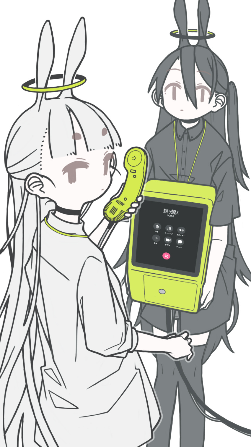 2girls animal_ears black_choker black_dress black_hair black_thighhighs black_vs_white blunt_bangs buttons choker closed_mouth collared_dress commentary_request corded_phone dress expressionless grey_dress grey_eyes grey_hair hair_between_eyes halo highres hikimayu holding holding_phone long_hair looking_at_viewer looking_back mojibake_text multiple_girls one_side_up original over-kneehighs payphone phone rabbit_ears short_dress short_sleeves simple_background standing thighhighs touchscreen uewtsol very_long_hair white_background