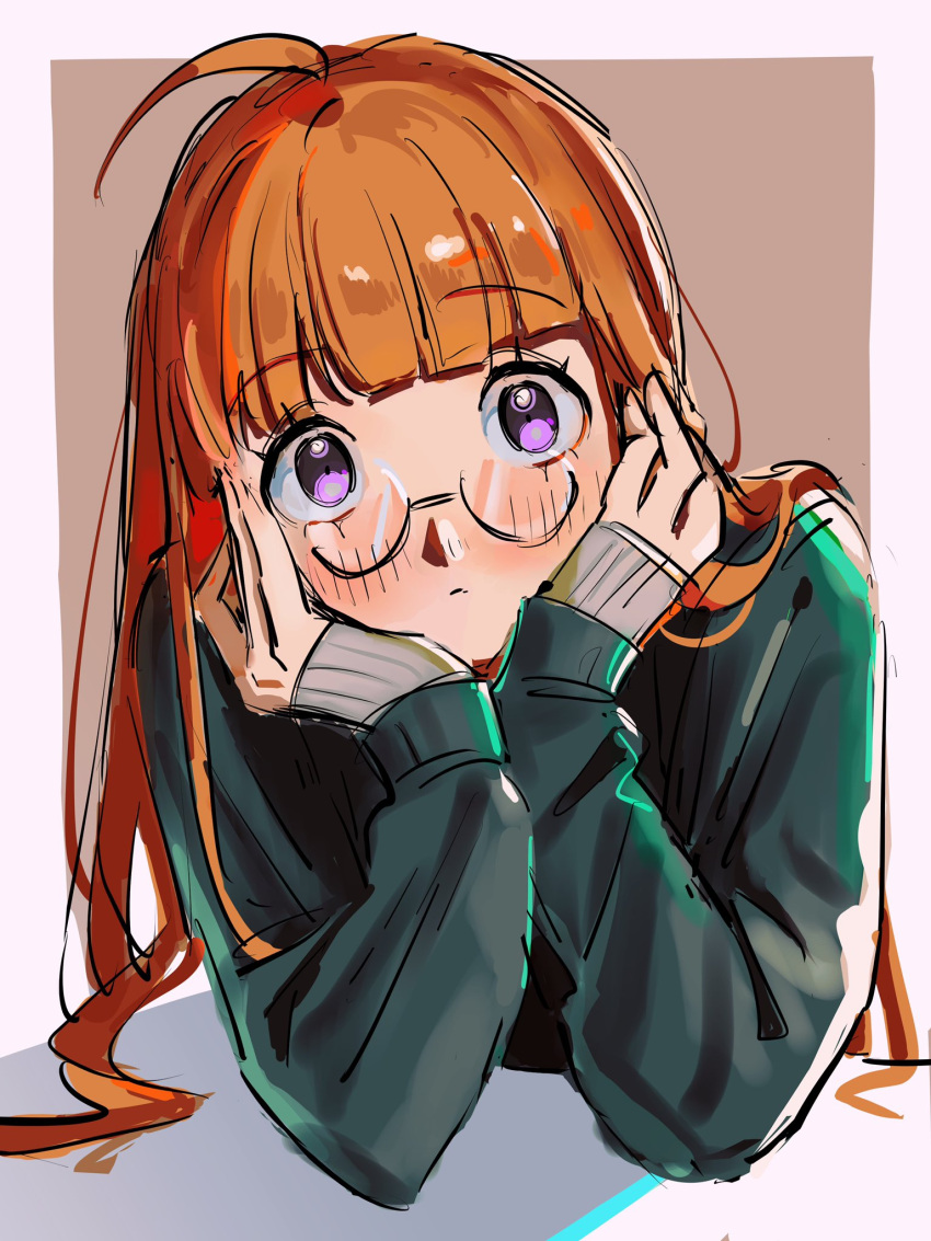 1girl blush glasses green_sweater head_on_hand highres long_hair long_sleeves looking_at_viewer momotamago orange_hair persona persona_5 portrait purple_eyes round_eyewear sakura_futaba simple_background solo sweater upper_body