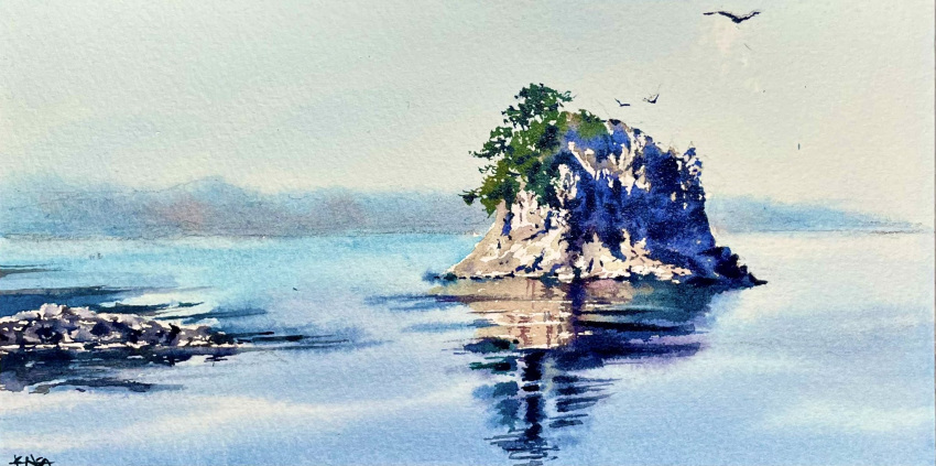 animal bird blue_sky cliff highres horizon island no_humans ocean original painting_(medium) reflection reflective_water shibakaka sky traditional_media tree water watercolor_(medium)