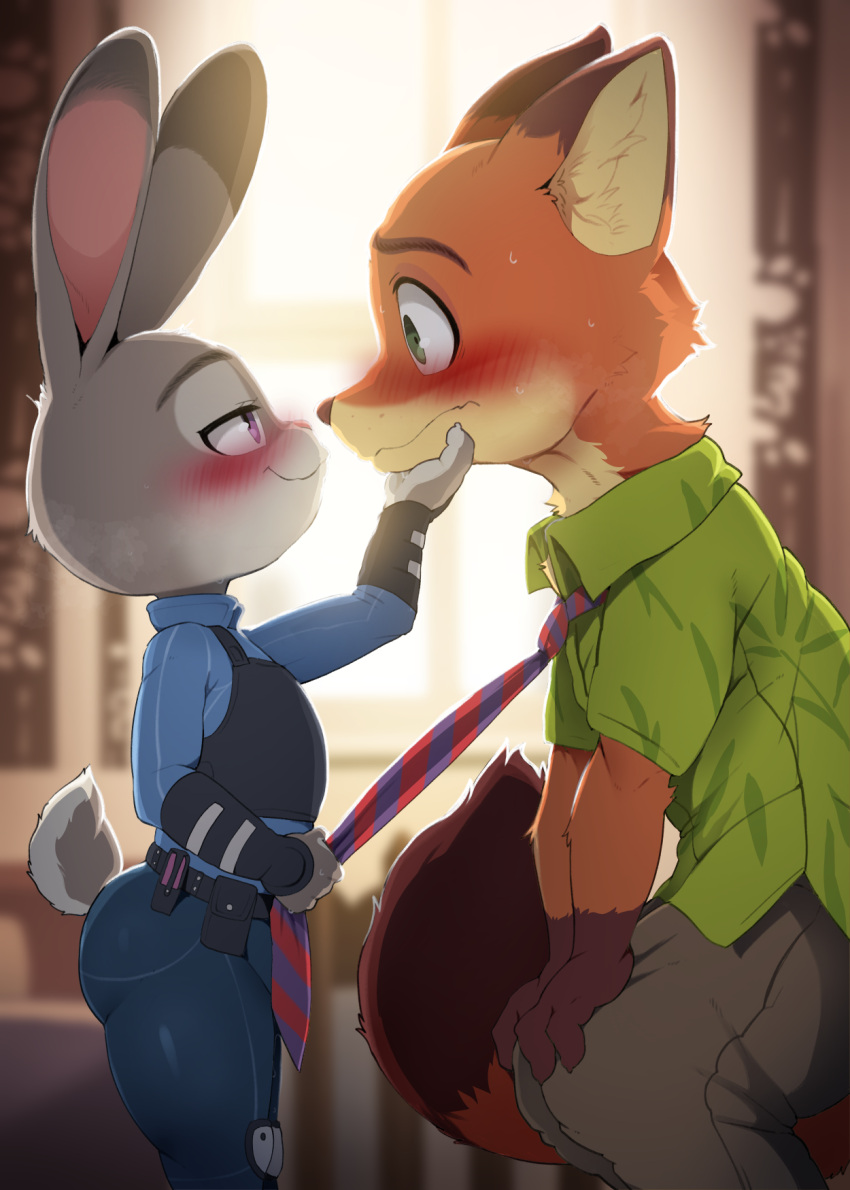 1boy 1girl animal_ears blush closed_mouth commentary dagasi disney eye_contact femdom fox_boy fox_ears fox_tail furry furry_female furry_male furry_with_furry green_eyes green_shirt grey_fur hetero highres judy_hopps looking_at_another nick_wilde orange_fur police police_uniform policewoman purple_eyes rabbit_ears rabbit_girl rabbit_tail shirt short_sleeves smile squatting standing tail uniform zootopia