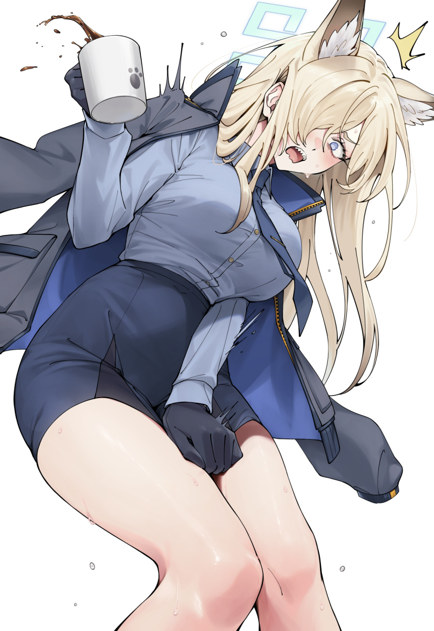 1girl animal_ear_fluff animal_ears blonde_hair blue_archive blue_eyes blue_halo blue_shirt blush breasts coffee coffee_mug commentary_request cup extra_ears gloves hair_over_one_eye halo highres jacket kanna_(blue_archive) large_breasts long_hair long_sleeves looking_at_viewer mug necktie sharp_teeth shirt skirt solo teeth toujou_masateru