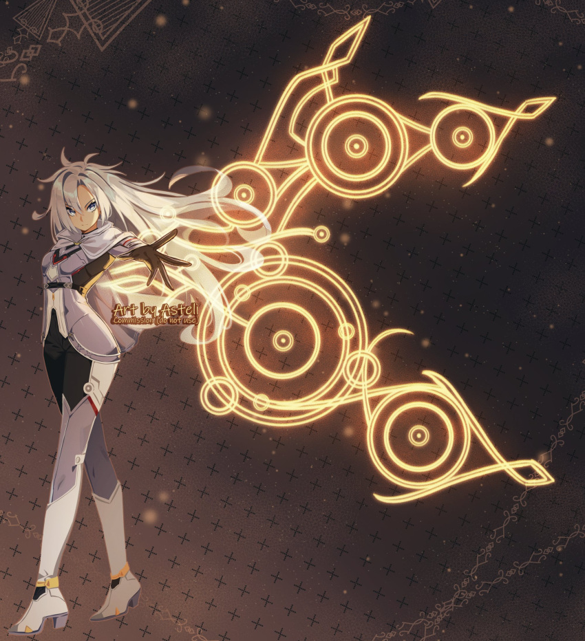 1other a_(xenoblade) armored_bodysuit asteli_i black_gloves blue_eyes boots brown_background commission full_body gloves gradient_background grey_hair high_heel_boots high_heels highres long_hair outstretched_arm standing white_footwear wings xenoblade_chronicles_(series) xenoblade_chronicles_3 xenoblade_chronicles_3:_future_redeemed