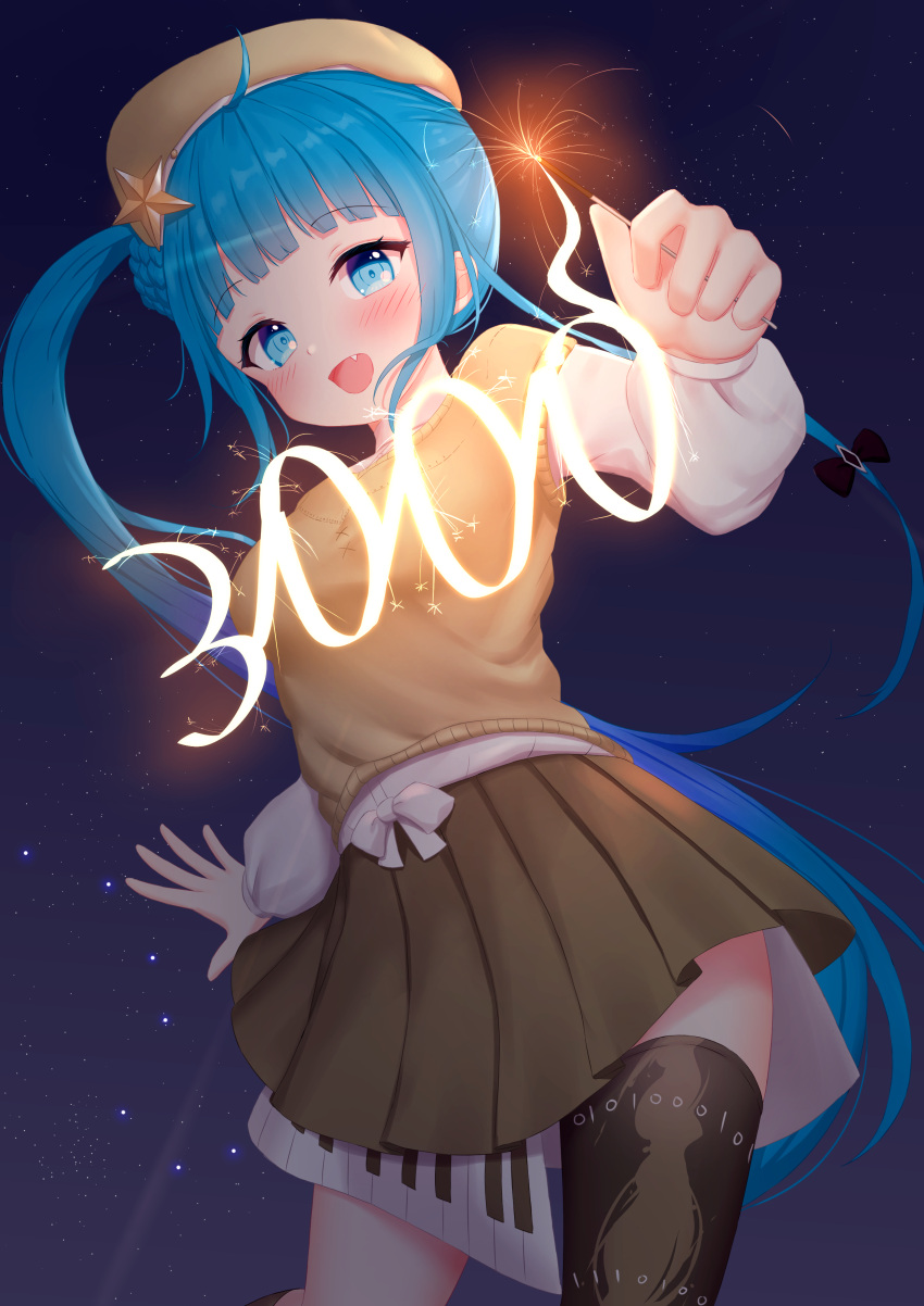 absurdres asymmetrical_legwear blue_eyes blue_hair blush fang fireworks hat highres holding_fireworks indie_virtual_youtuber long_hair long_sleeves merak_(vtuber) night night_sky open_mouth piano_keys piano_print pleated_skirt shirt side_ponytail skirt sky sparkler star_(sky) star_(symbol) starry_sky sweater sweater_vest thighhighs virtual_youtuber white_clover_(unfy8472) white_shirt