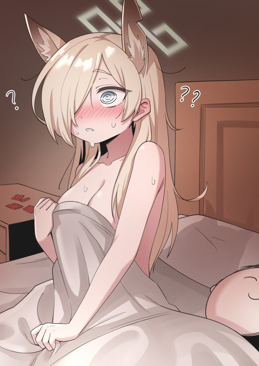 1boy 1girl ? ?? @_@ absurdres animal_ear_fluff animal_ears bed blonde_hair blue_archive blue_halo breasts cleavage collarbone commentary_request condom condom_wrapper doodle_sensei_(blue_archive) golmonggu green_halo hair_over_one_eye halo highres kanna_(blue_archive) korean_commentary large_breasts long_hair lying nude on_back on_bed pillow sensei_(blue_archive) sharp_teeth sitting sweat teeth under_covers