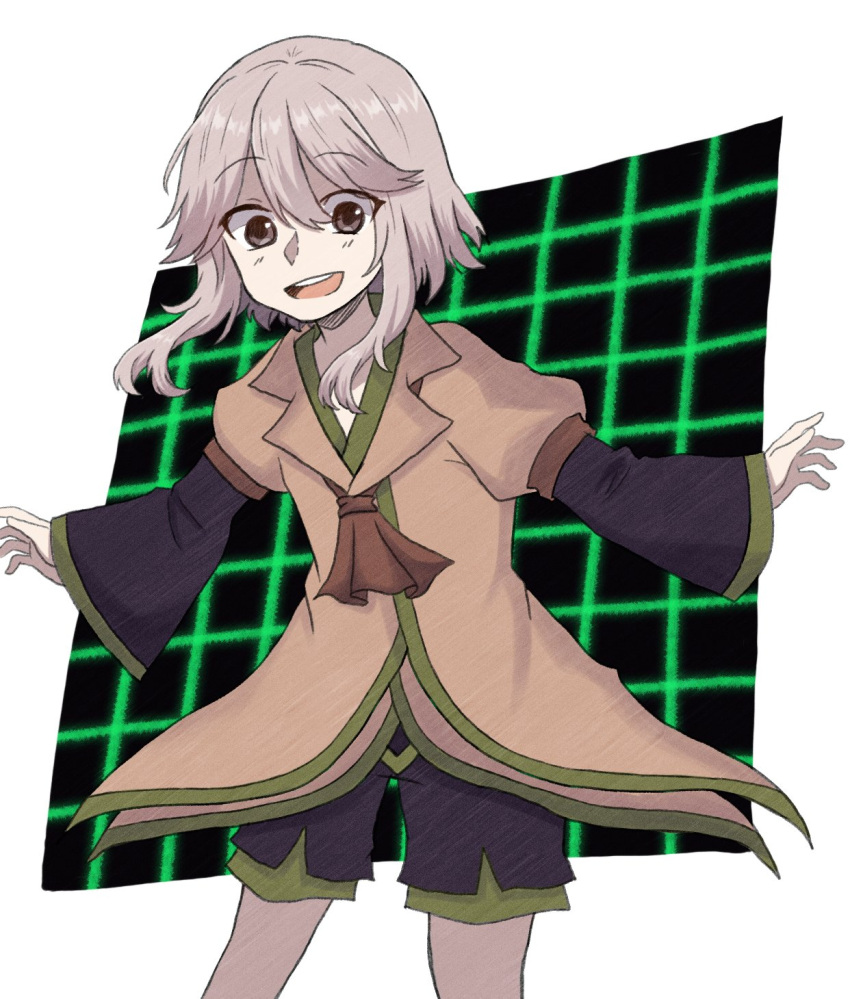 1other androgynous ascot brown_ascot brown_coat coat grey_eyes grey_hair highres houlen_yabusame layered_sleeves len'en long_sleeves open_mouth other_focus short_hair short_hair_with_long_locks short_over_long_sleeves short_sleeves shorts smile ximsol182