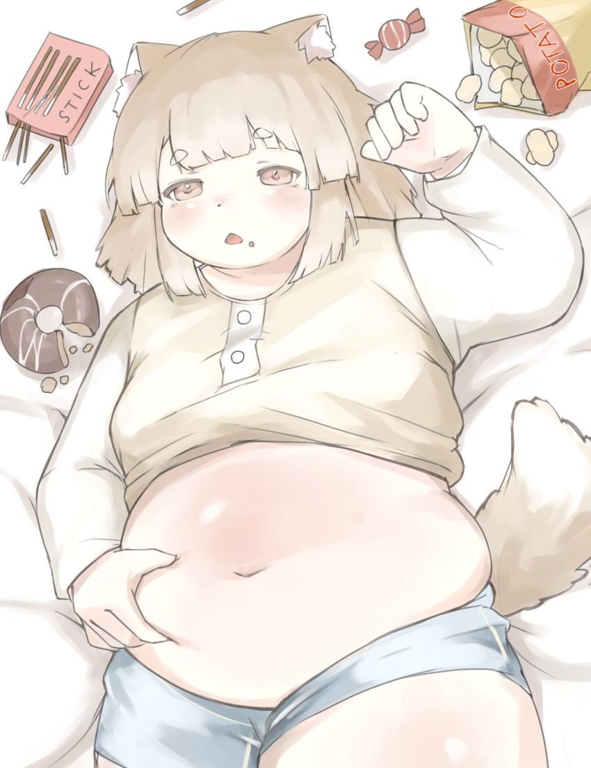 1girl acorn12_o animal_ear_fluff animal_ears belly belly_grab blue_shorts blunt_bangs blush breasts brown_eyes brown_tail buttons candy cat_ears cat_girl cat_tail chips_(food) clothes_lift commentary_request commission cowboy_shot crumbs dot_nose doughnut english_text fat food food_on_face highres light_brown_hair long_sleeves looking_at_viewer lying medium_hair navel on_back original pocky potato_chips shadow shirt shirt_lift short_eyebrows short_shorts shorts skeb_commission small_breasts solo t-shirt tail tareme thick_eyebrows thick_thighs thighs yellow_shirt