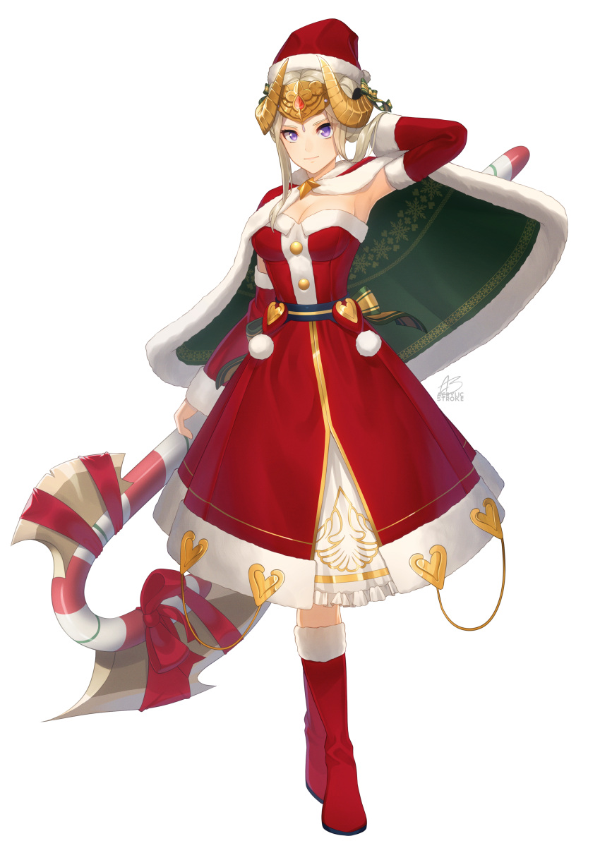 1girl absurdres acrylicstroke axe belt boots breasts candy candy_cane cape cleavage detached_sleeves dress edelgard_von_hresvelg fire_emblem fire_emblem:_three_houses food full_body fur-trimmed_cape fur-trimmed_dress fur-trimmed_footwear fur-trimmed_headwear fur-trimmed_sleeves fur_trim green_cape hat highres knee_boots looking_at_viewer medium_breasts purple_eyes red_cape red_dress red_footwear red_headwear santa_hat sleeveless sleeveless_dress solo transparent_background two-sided_cape two-sided_fabric white_hair