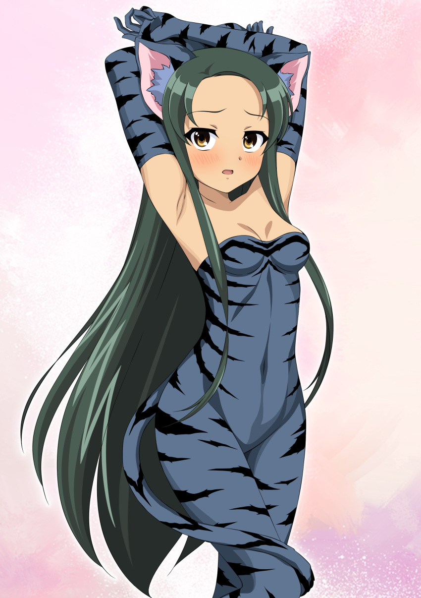 1girl absurdres animal_costume animal_ears animal_print armpits blue_gloves breasts cat_costume cat_ears cat_print cat_tail cleavage collarbone covered_navel elbow_gloves fake_animal_ears fake_tail gloves green_hair gurobeya highres long_hair medium_breasts presenting_armpit revealing_clothes solo standing suzumiya_haruhi_no_yuuutsu tail tsuruya yellow_eyes