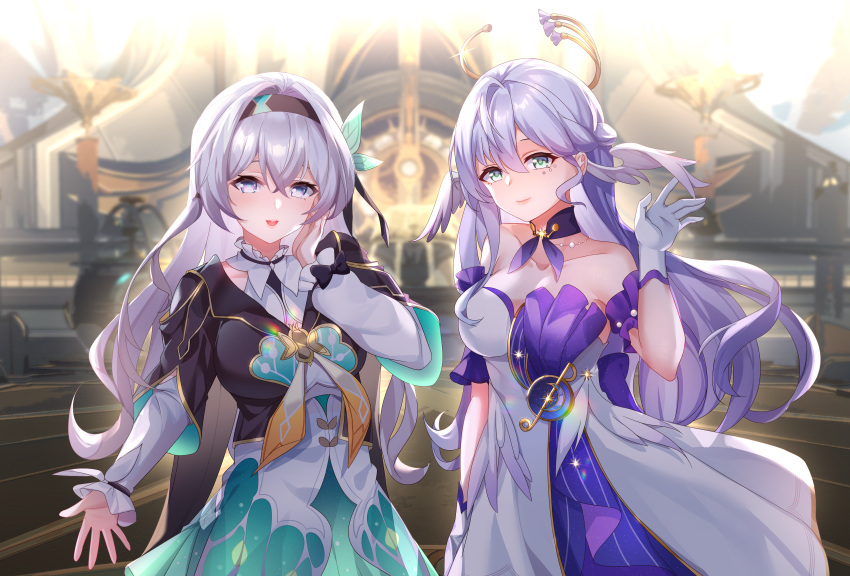 2girls :d absurdres bare_shoulders black_hairband black_jacket bow breasts chinese_commentary cleavage collarbone cowboy_shot dress firefly_(honkai:_star_rail) gloves green_eyes grey_eyes grey_hair hair_between_eyes hair_bow hair_intakes hairband hand_on_own_face hand_up head_wings highres honkai:_star_rail honkai_(series) indoors jacket lingshalan long_hair long_sleeves looking_at_viewer medium_breasts multiple_girls neckerchief off-shoulder_dress off_shoulder open_mouth purple_eyes purple_hair robin_(honkai:_star_rail) shirt skirt smile strapless strapless_dress upper_body white_dress white_gloves white_shirt wings