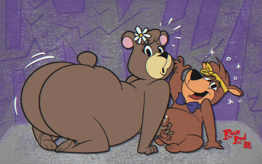 anthro bear big_butt bodily_fluids boo-boo_bear butt cindy_bear cum duo female genital_fluids handjob hanna-barbera hi_res jodero kneeling leaking_cum looking_at_viewer male male/female mammal masturbation penile sex surprised_expression wide_hips yogi_bear