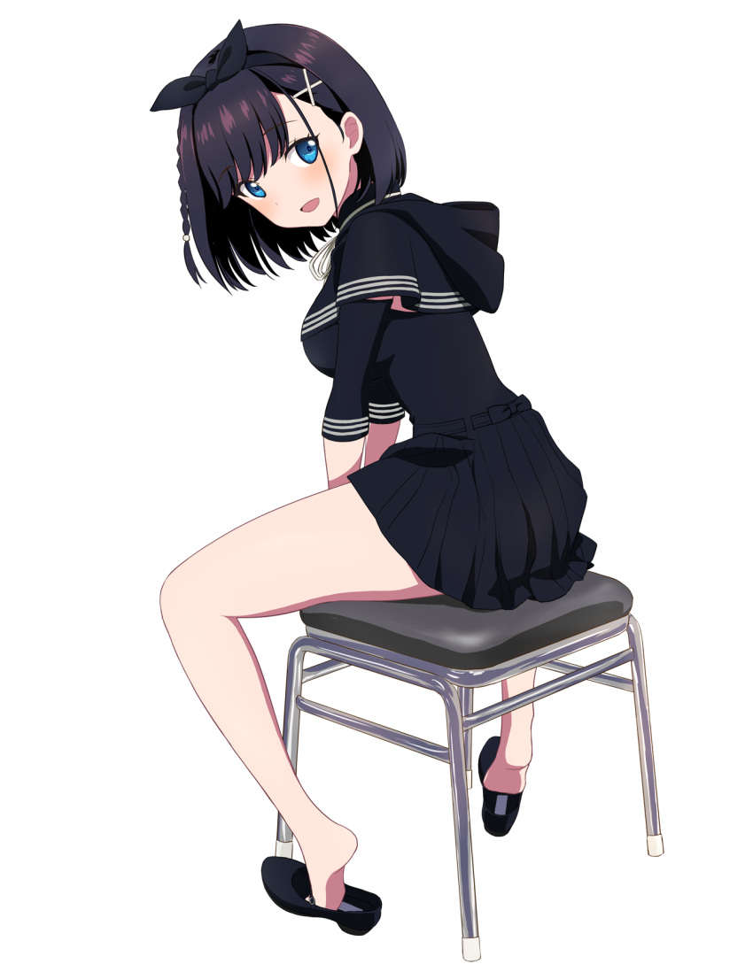 1girl :d aika_(amatsuji) barefoot black_footwear black_hair black_ribbon black_serafuku black_shirt black_skirt blue_eyes blush borrowed_character braid commentary commission eyelashes feet from_behind full_body hair_between_eyes hair_ornament hair_ribbon happy high_heels highres hood hood_down komatsu_(sakanae) leaning_forward legs looking_at_viewer looking_back medium_hair miniskirt neck_ribbon open_mouth original pixiv_commission pleated_skirt pumps ribbon school_uniform serafuku shirt shoes simple_background single_braid sitting skirt smile soles straight_hair thighs transparent_background tsurime unworn_shoes v_arms white_ribbon x_hair_ornament