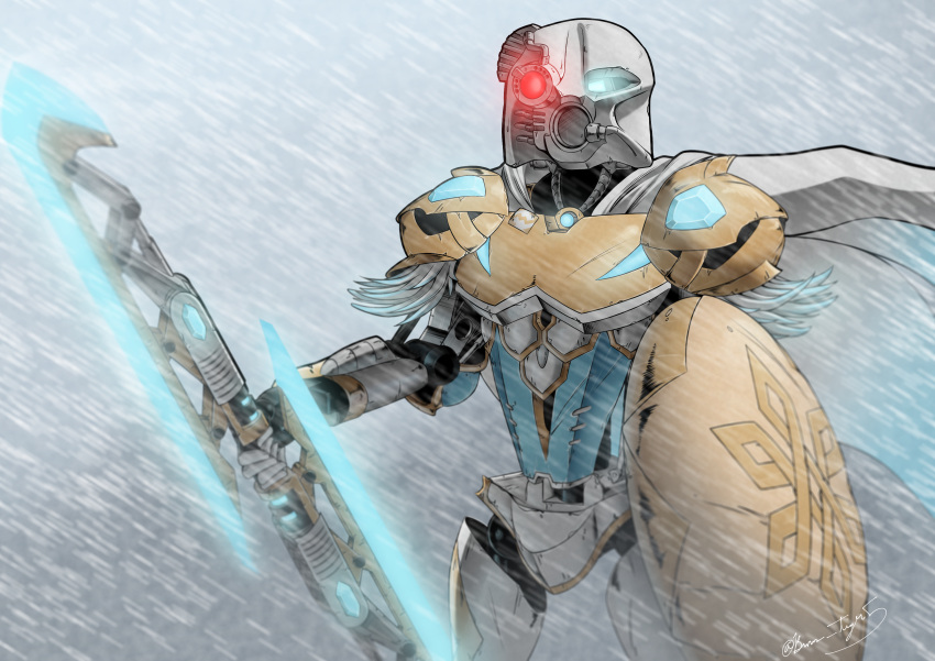 absurdres bionicle blue_eyes burns_tiger5 cape commission double-blade fire_emblem fire_emblem_heroes fjorm_(fire_emblem) fjorm_(ice_ascendant)_(fire_emblem) fusion glowing glowing_eyes heterochromia highres holding holding_weapon humanoid_robot kanohi_(bionicle) kopaka_(bionicle) mask red_eyes robot shield signature snowing solo the_lego_group weapon white_cape