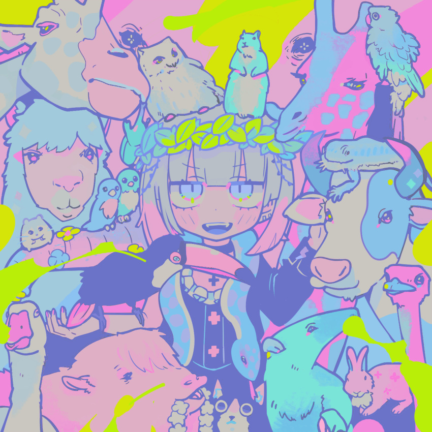1girl alpaca animal_on_arm animal_on_head anteater bearded_dragon bird bird_on_arm bird_on_head black_choker black_shirt black_skirt black_sleeves blunt_bangs blush_stickers cat character_request choker colored_tips commentary_request copyright_request cow cowboy_shot cross cross_choker double-parted_bangs ear_piercing eyelashes fangs frilled_shirt frills goose green_background hamster head_wreath highres leaf long_sleeves looking_at_viewer medium_hair multicolored_hair on_head open_mouth ostrich outstretched_arm owl parrot pastel_colors piercing pink_background pink_hair pink_nails purple_eyes rabbit shirt single_bare_arm single_sleeve skirt skirt_set smile snake solo squirrel straight-on teeth terada_tera toucan two-tone_background upper_teeth_only white_hair