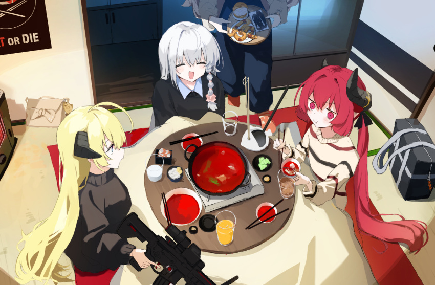 4girls ahoge akari_(blue_archive) black_horns black_shirt black_sweater blonde_hair blue_archive blue_eyes blush braid chopsticks closed_eyes closed_mouth demon_horns eating food grey_hair hair_between_eyes haruna_(blue_archive) holding holding_chopsticks horns indoors izumi_(blue_archive) junko_(blue_archive) long_hair long_sleeves multiple_girls nabe no_halo open_mouth pointy_ears qtwz red_eyes red_hair shirt side_braid sitting smile striped_clothes striped_shirt sweater table tatami twintails