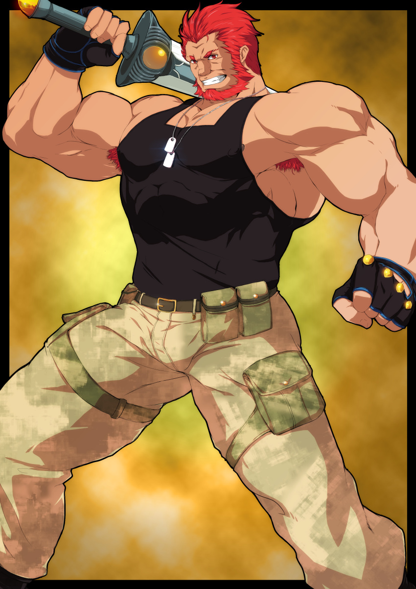 1boy abs absurdres armpit_hair ass_visible_through_thighs bara beard biceps black_gloves black_tank_top blush bulge camouflage camouflage_pants cum dark-skinned_male dark_skin dog_tags facial_hair fate/extella fate/extella_link fate/extra fate/grand_order fate_(series) feet_out_of_frame fingerless_gloves gloves highres iskandar_(fate) kito_(clamp5656) large_pectorals legs_apart male_focus mature_male muscular muscular_male navel nipple_slip nipples official_alternate_costume over_shoulder paid_reward_available pants pectorals pubic_hair red_eyes red_hair short_hair sidepec solo sword sword_over_shoulder tank_top thick_thighs thighs weapon weapon_over_shoulder