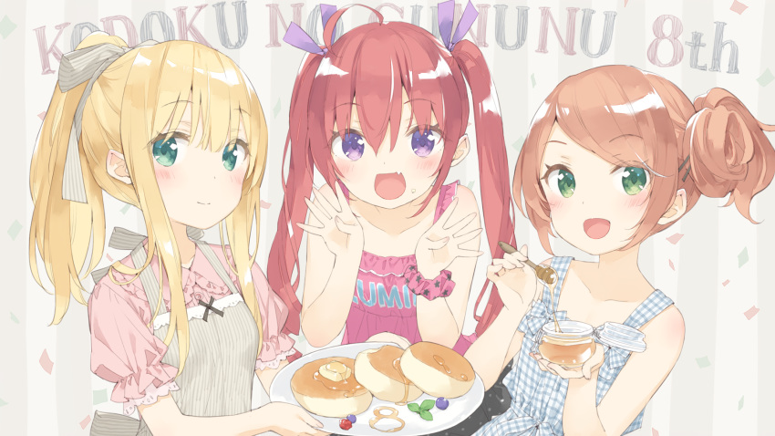 3girls :d ahoge background_text bangs bare_arms bare_shoulders blonde_hair blush bow breasts brown_hair butter camisole closed_mouth collarbone collared_shirt commentary_request dress eyebrows_visible_through_hair fang food food_on_face frilled_shirt_collar frills green_eyes grey_apron grey_bow hair_between_eyes hair_bow hair_bun hair_ornament hair_ribbon hairclip hands_up hazuki_watora highres holding holding_plate long_hair minazuki_sarami multiple_girls open_mouth original pancake peko pink_camisole pink_scrunchie pink_shirt plaid plaid_dress plate ponytail puffy_short_sleeves puffy_sleeves purple_eyes purple_ribbon ribbon romaji_text scrunchie shimotsuki_potofu shirt short_sleeves side_bun sidelocks sleeveless sleeveless_dress small_breasts smile striped striped_apron striped_bow swept_bangs syrup translation_request twintails upper_body vertical-striped_apron vertical_stripes very_long_hair wrist_scrunchie