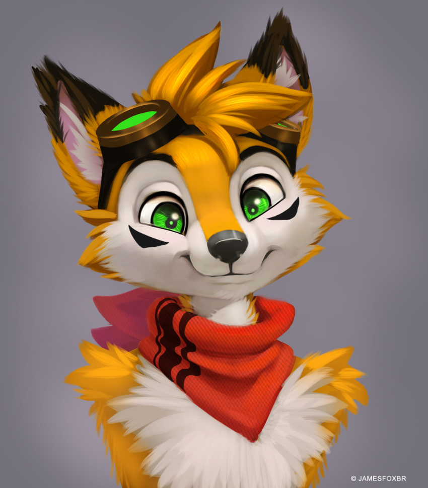 anthro bandanna canid canine eyewear fox goggles goggles_on_head green_eyes hi_res james_fox jamesfoxbr male mammal smile smiling_at_viewer solo