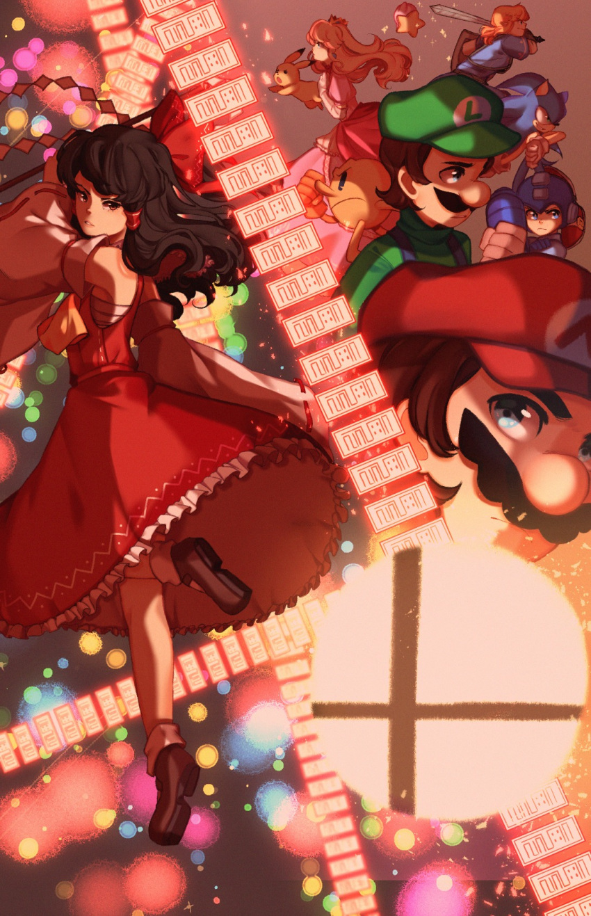 2girls 2others 4boys crossover gen_1_pokemon hakurei_reimu highres link linmiee luigi mario mario_(series) multiple_boys multiple_girls multiple_others pac-man pikachu pokemon pokemon_(creature) pokemon_(game) princess_peach rockman rockman_(character) smash_ball sonic sonic_the_hedgehog spell_card super_smash_bros. tagme the_legend_of_zelda touhou