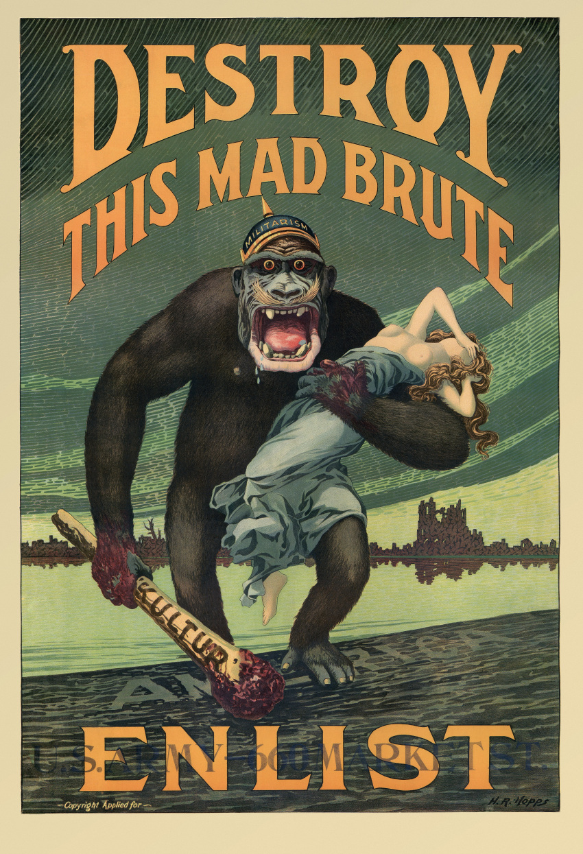 4_toes absurd_res ape armor black_body black_fur blood_on_hand blood_on_weapon blue_clothing blue_dress breasts clothing club_(weapon) detailed_background dress duo english_text facial_hair female fur german gorilla hand_on_face haplorhine harry_r_hopps headgear helmet hi_res historical holding_object holding_weapon human kidnapping looking_at_viewer male mammal melee_weapon mustache nipples nude olive_eyes open_mouth orange_sclera outside politics poster primate propaganda slightly_chubby standing text toes water weapon world_war_1