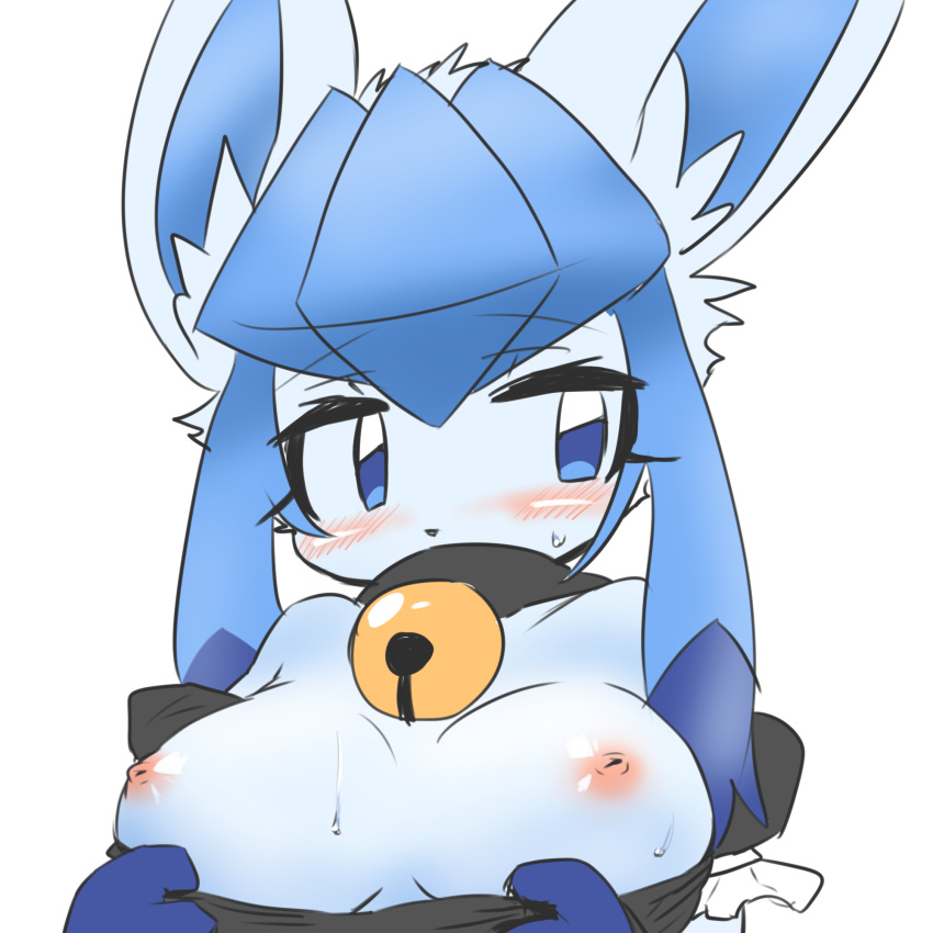 1girl animal_ear_fluff animal_nose bell blue_eyes blue_fur blue_hair blush breasts commentary_request embarrassed furry gen_4_pokemon glaceon highres looking_to_the_side medium_breasts nipples opurimasin pokemon puffy_short_sleeves puffy_sleeves short_sleeves simple_background solo sweat upper_body