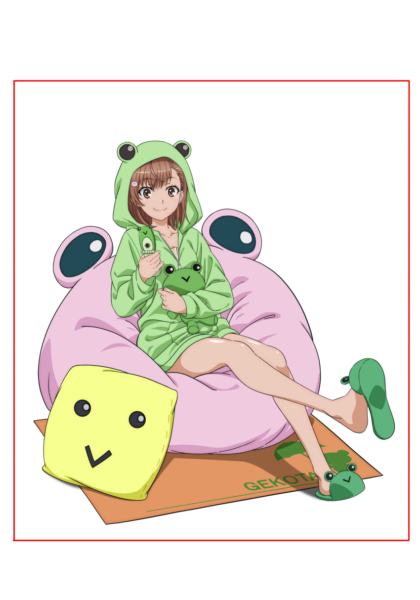 1girl absurdres animal_hood artist_request bean_bag_chair border brown_eyes brown_hair cellphone character_doll commentary_request frog full_body gekota green_jacket highres hood hooded_jacket hoodie jacket misaka_mikoto official_art phone pillow red_border rug short_hair simple_background sitting slippers solo stuffed_animal stuffed_frog stuffed_toy to_aru_majutsu_no_index white_background