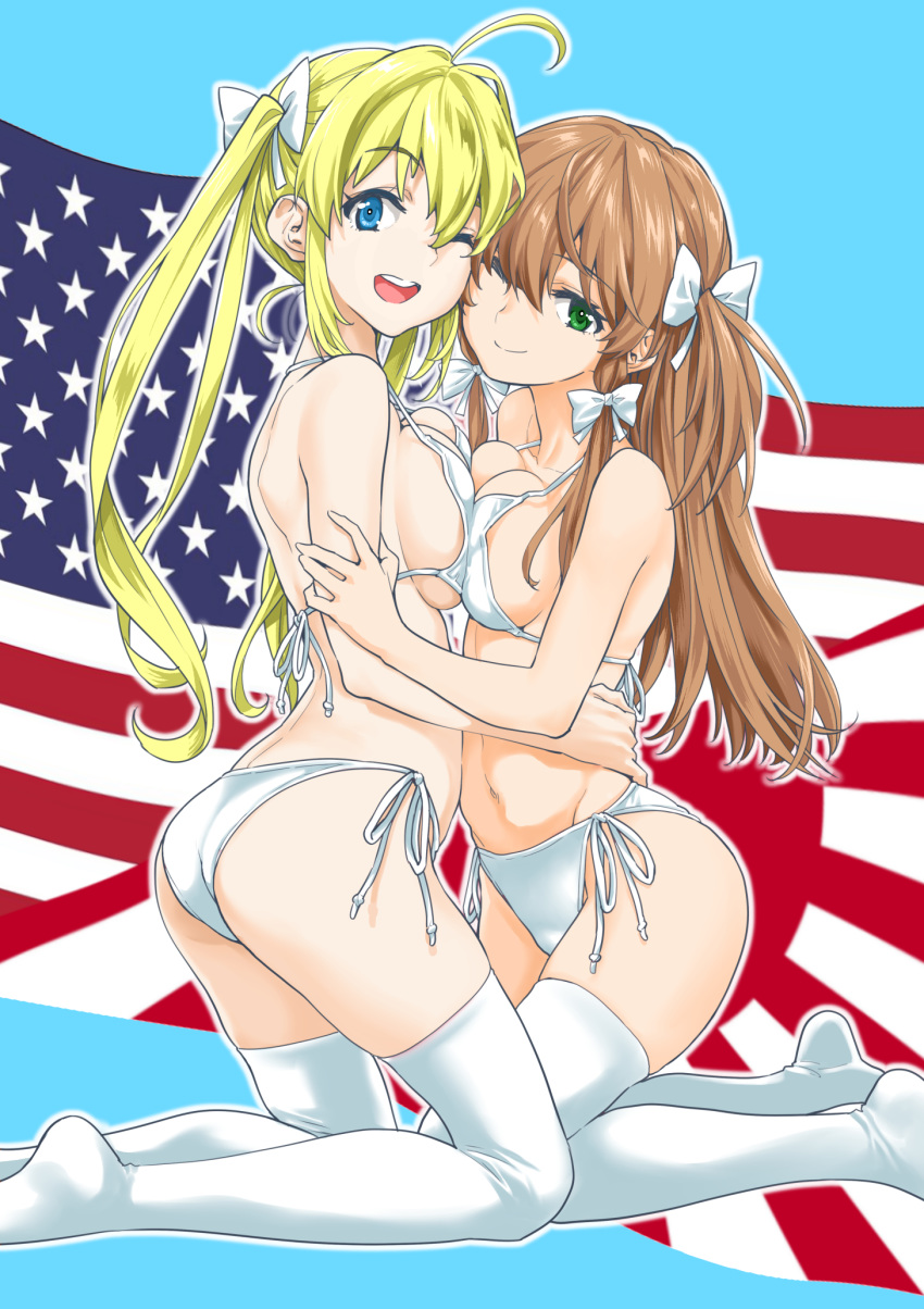 2girls ;) ;d ahoge american_flag ass azusagawa_tsukino back bangs bikini blonde_hair blue_eyes bodysuit bow breast_press breasts brown_hair commentary eyebrows_visible_through_hair green_eyes hair_bow hassystants highres hug japanese_flag kneeling long_hair looking_at_viewer medium_breasts monica_adenauer multiple_girls navel one_eye_closed open_mouth outline side-tie_bikini sidelocks skindentation smile string_bikini swimsuit symmetrical_docking thighhighs twintails two_side_up white_bikini white_bodysuit white_legwear white_outline yakitate!!_japan