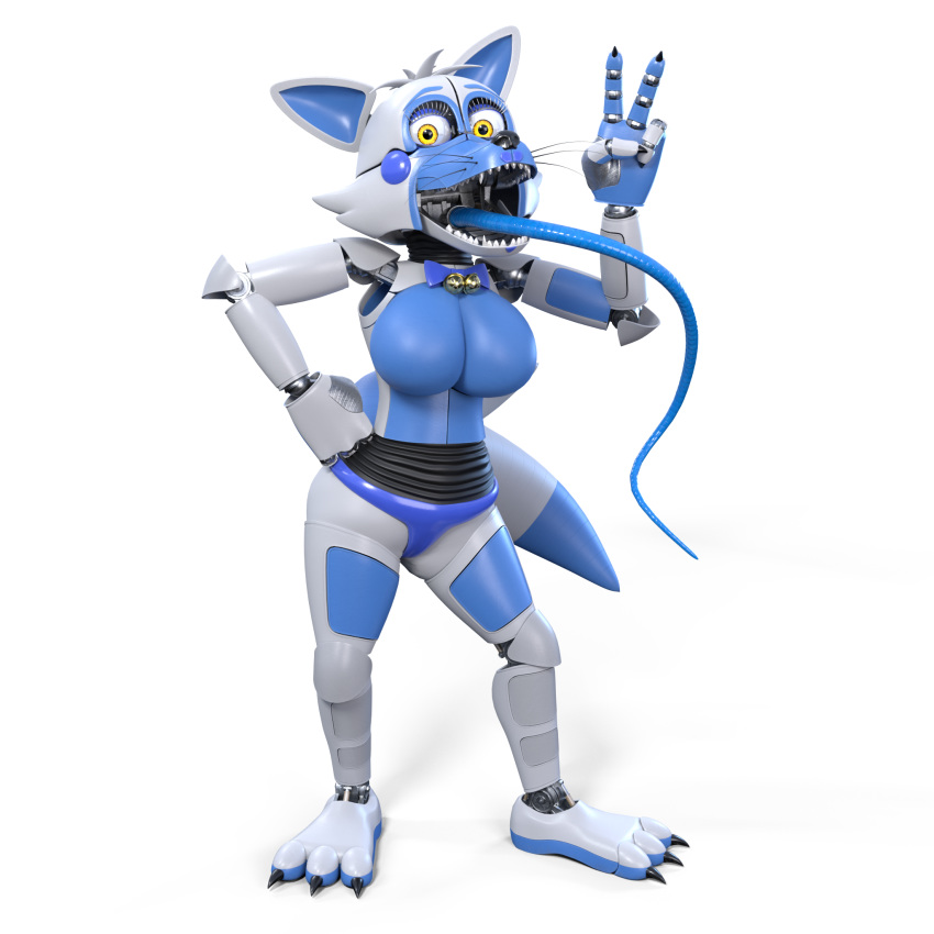 1:1 2020 2_tails 3d_(artwork) alpha_channel animatronic anthro bell blue_body bluffy bow_tie breasts camel_toe canid canine digital_media_(artwork) dipstick_tail fan_character featureless_breasts featureless_crotch female five_nights_at_freddy's fox funtime_foxy_(fnaf) gesture hi_res kristall_krit long_tongue machine mammal multi_tail multicolored_body multicolored_tail pseudo_clothing pseudo_hair robot simple_background solo tentacle_tongue tentacles tongue transparent_background v_sign video_games whiskers white_body yellow_eyes