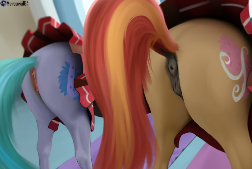 2020 animal_genitalia animal_pussy anus bottomwear butt butt_shot clothing conditional_dnp cutie_mark digital_media_(artwork) duo earth_pony equid equine equine_pussy faceless_female female feral friendship_is_magic genitals hi_res horse lighthoof_(mlp) mammal mercurial64 my_little_pony pony pussy shimmy_shake_(mlp) skirt