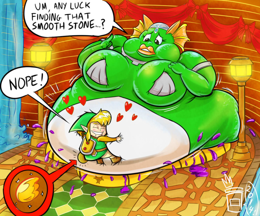 &lt;3 2014 a_link_between_worlds belly big_belly big_breasts blonde_hair breasts clothing duo english_text female green_body green_clothing hair humanoid hylian hyper hyper_belly inside larger_female male marine nintendo oren_(zelda) overweight overweight_female royaljellysandwich shield size_difference speech_bubble text the_legend_of_zelda video_games white_belly zora