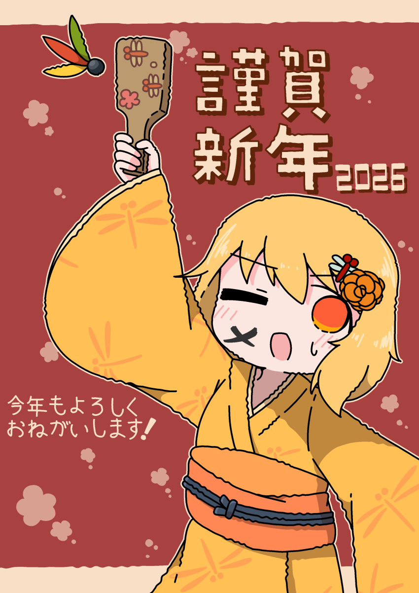 1girl 2026 absurdres arm_up blonde_hair commentary_request dragonfly_hair_ornament emesan_desu facepaint hagoita hane_(hanetsuki) hanetsuki highres japanese_clothes kimono long_sleeves new_year obi one_eye_closed open_mouth orange_eyes original paddle sash solo upper_body wide_sleeves yellow_kimono