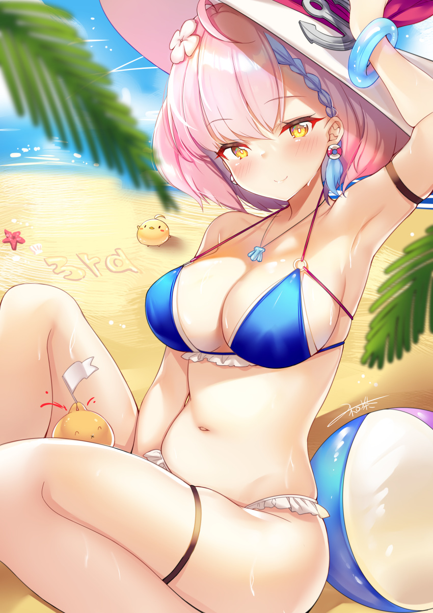 1girl absurdres ahoge arm_ribbon arm_strap arm_up armpits azur_lane ball bare_shoulders beach beachball bikini bird blue_bikini blurry bracelet braid breasts chick cleavage closed_mouth day depth_of_field flower french_braid hair_flower hair_ornament halter_top halterneck hat hecha_(swy1996228) highres jewelry large_breasts looking_at_viewer manjuu_(azur_lane) navel necklace o-ring o-ring_bikini o-ring_top outdoors palm_leaf pink_hair ribbon short_hair sitting skindentation smile solo stomach strap_gap string_bikini sun_hat swimsuit tartu_(azur_lane) tartu_(overthinking_summer)_(azur_lane) thigh_ribbon thigh_strap thighs wet white_headwear yellow_eyes